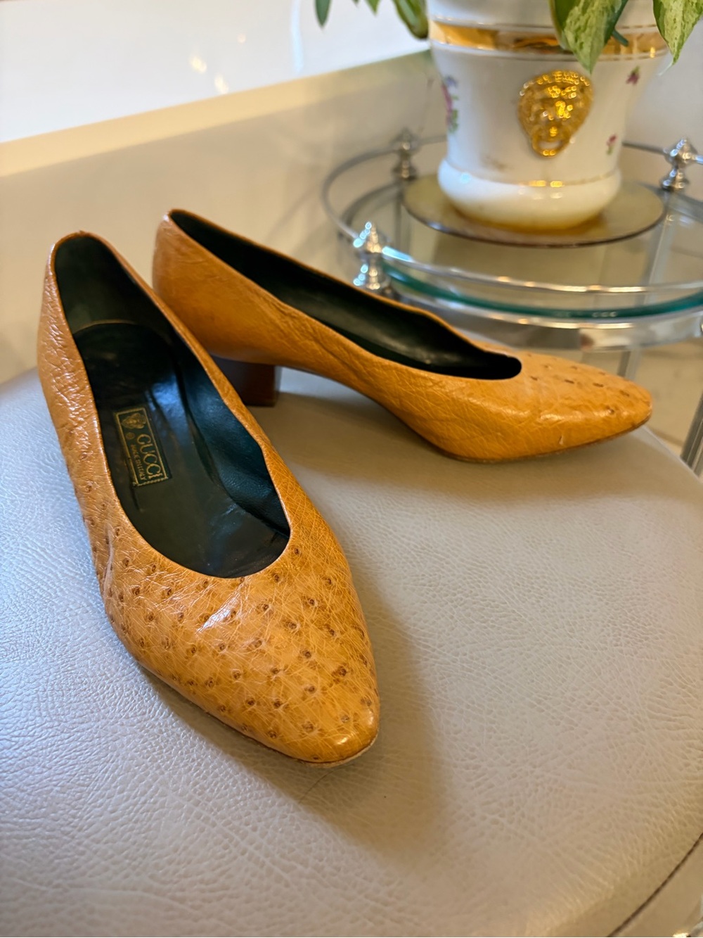 Gucci Women's Tan Ostrich Leather Low Heel Pumps 37/6.5